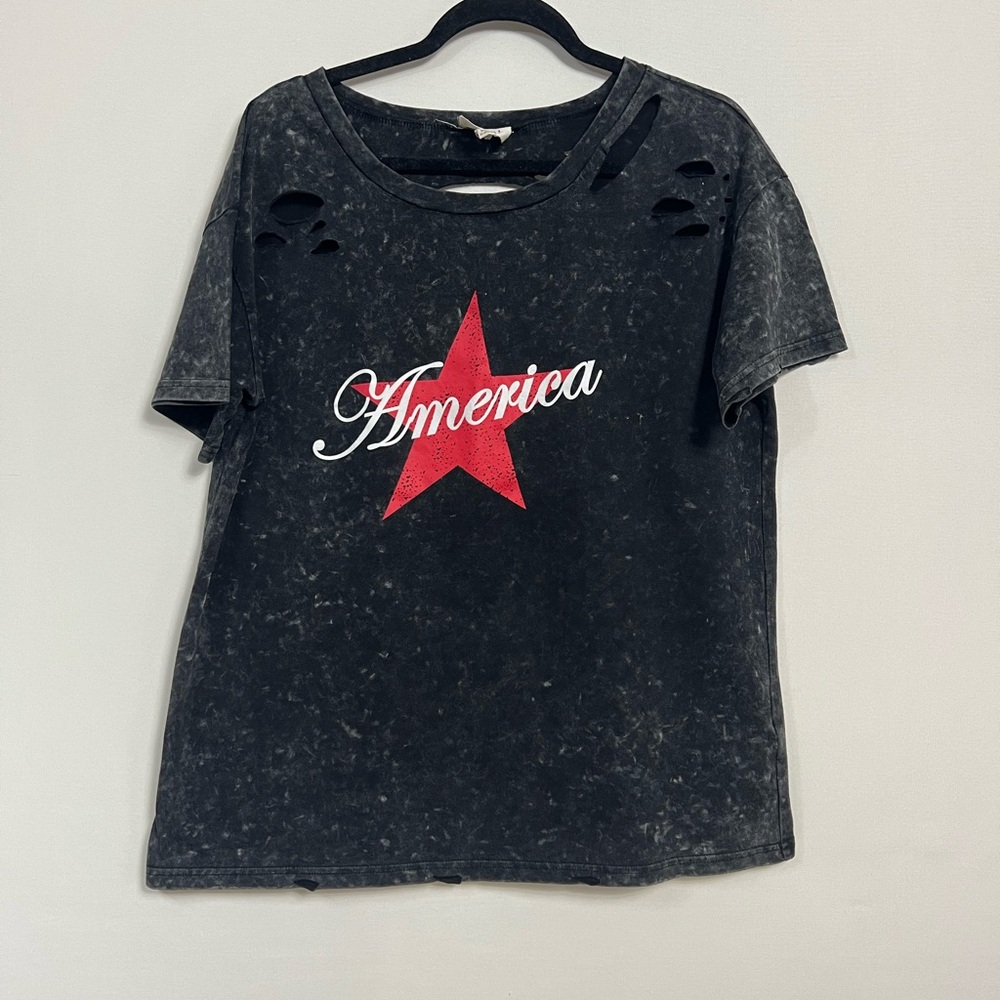 BiBi Black Tee Disstressed Acid Wash America Graphic Tee Black - Approved 21x25